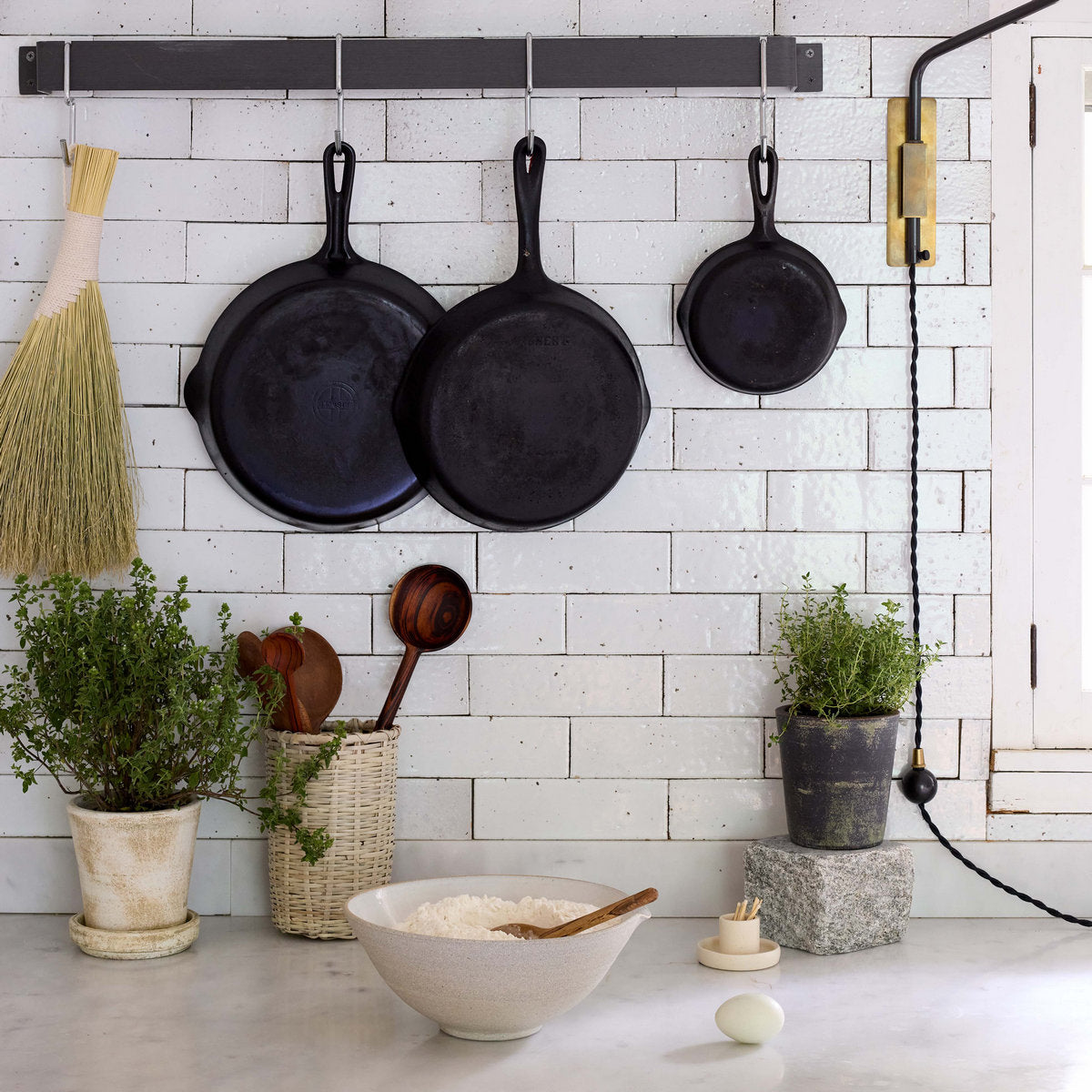 Ceramic mixing bowl styled on kitchen counter with natural light