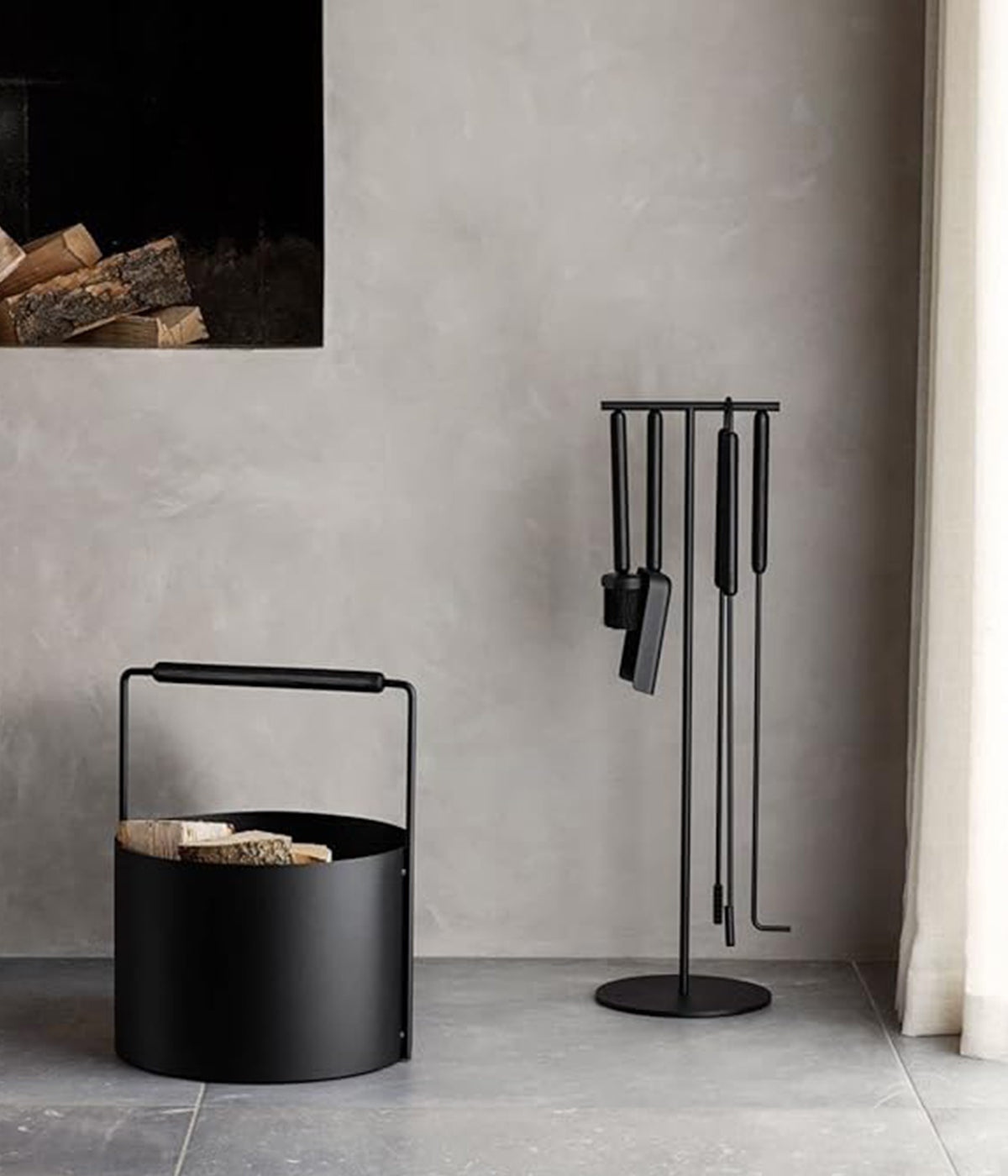Ashi 5-piece fireplace tool set with black oak handles and powder-coated steel stand