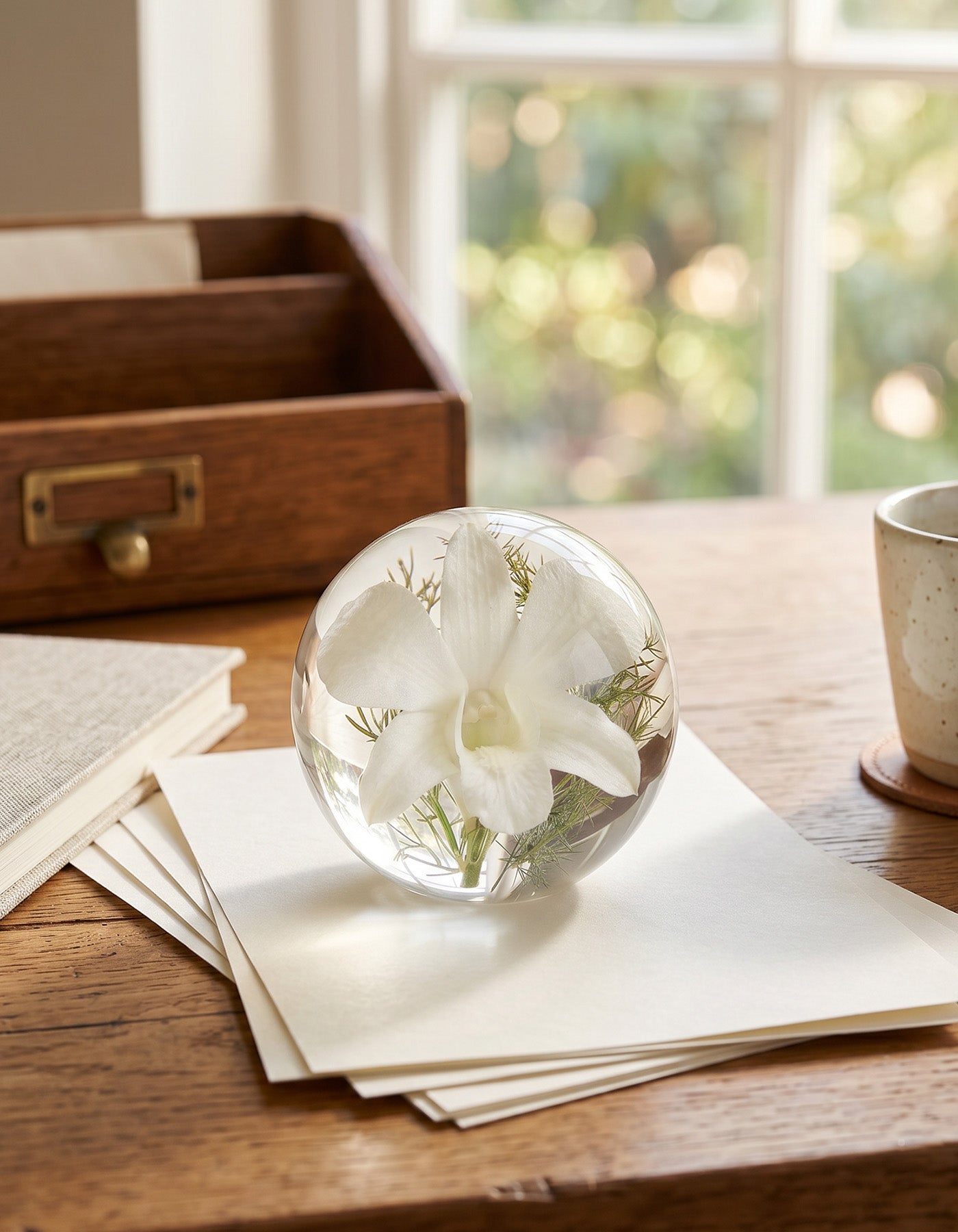 White Orchid Botanical Resin Paperweight