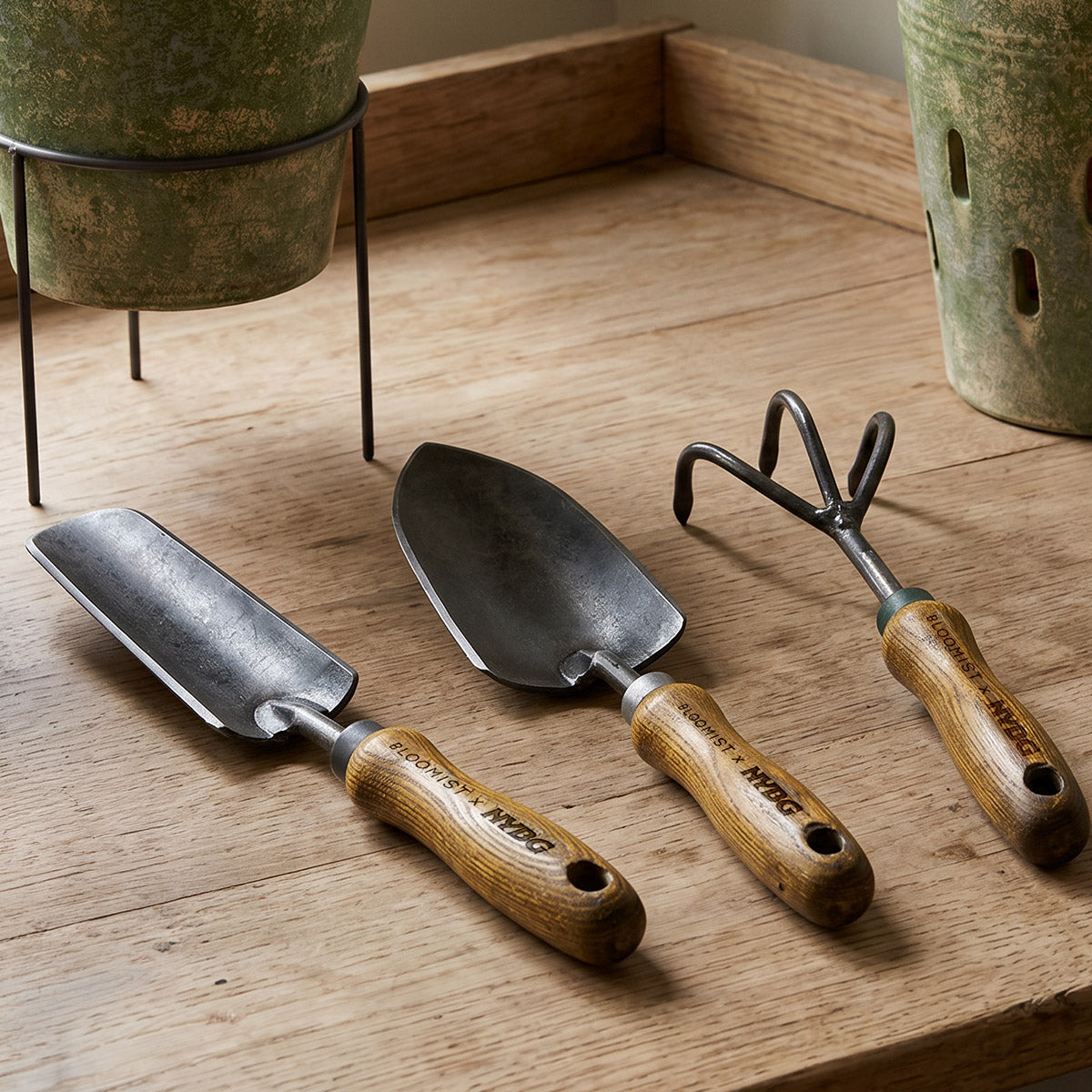 Garden tool box storage and tools with ash hardwood handles