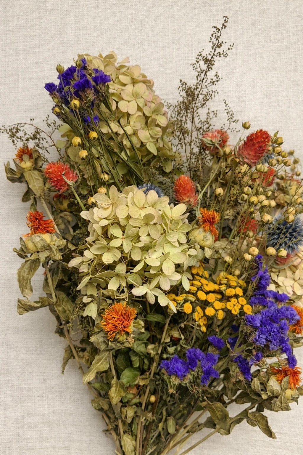 Close-up of Elara dried spring and summer flowers with purple, blue, coral, and green blooms