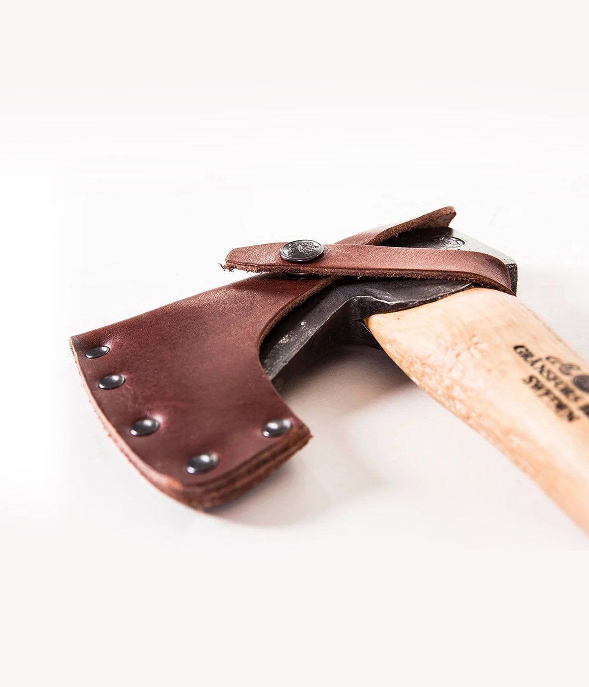 Gransfors Bruks hand hatchet with leather sheath to cover blade and poll for safe storage