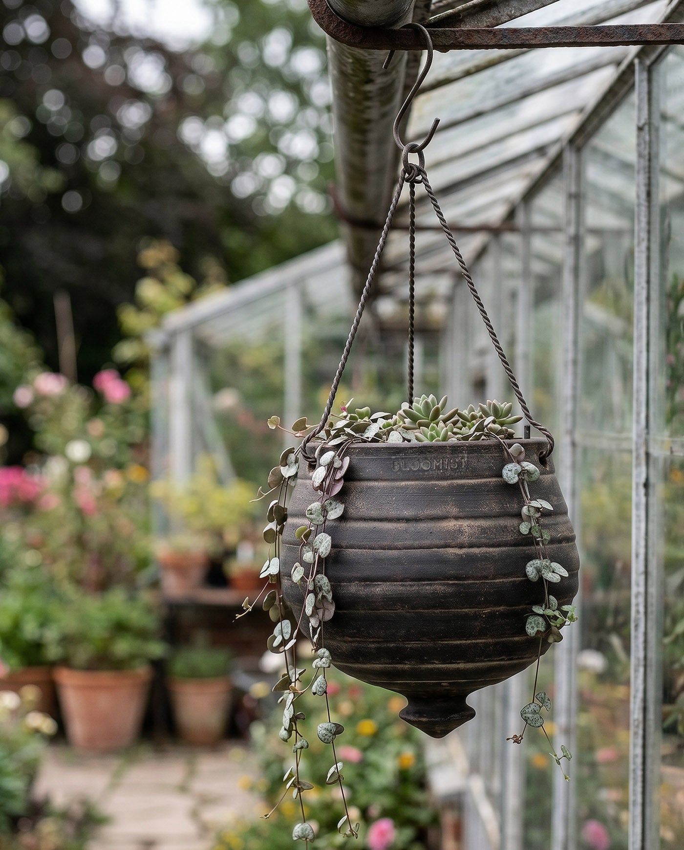 Terracotta Ridge Hanging Planter, Dark Charcoal Wash