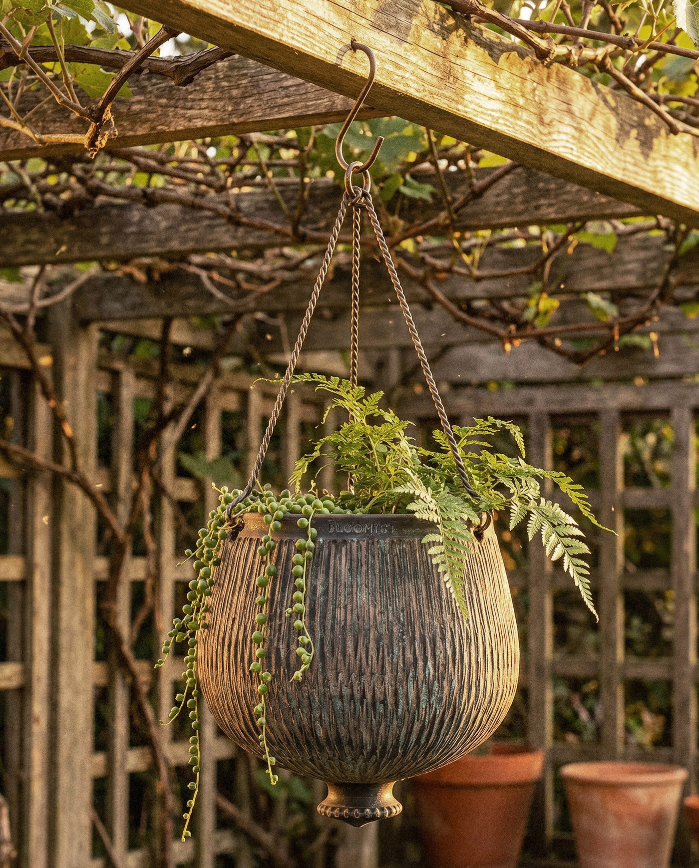 Terracotta Reed Hanging Planter, Dark Charcoal Wash
