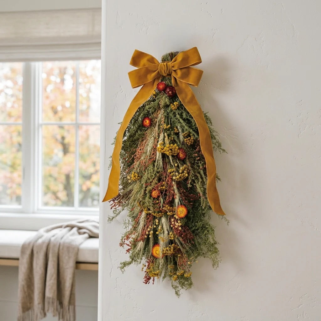 Door swag handcrafted with dried botanicals from a local US farm