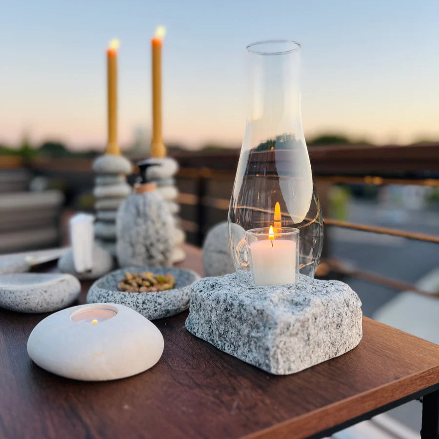 Natural Stone Base Hurricane Candle Lamp