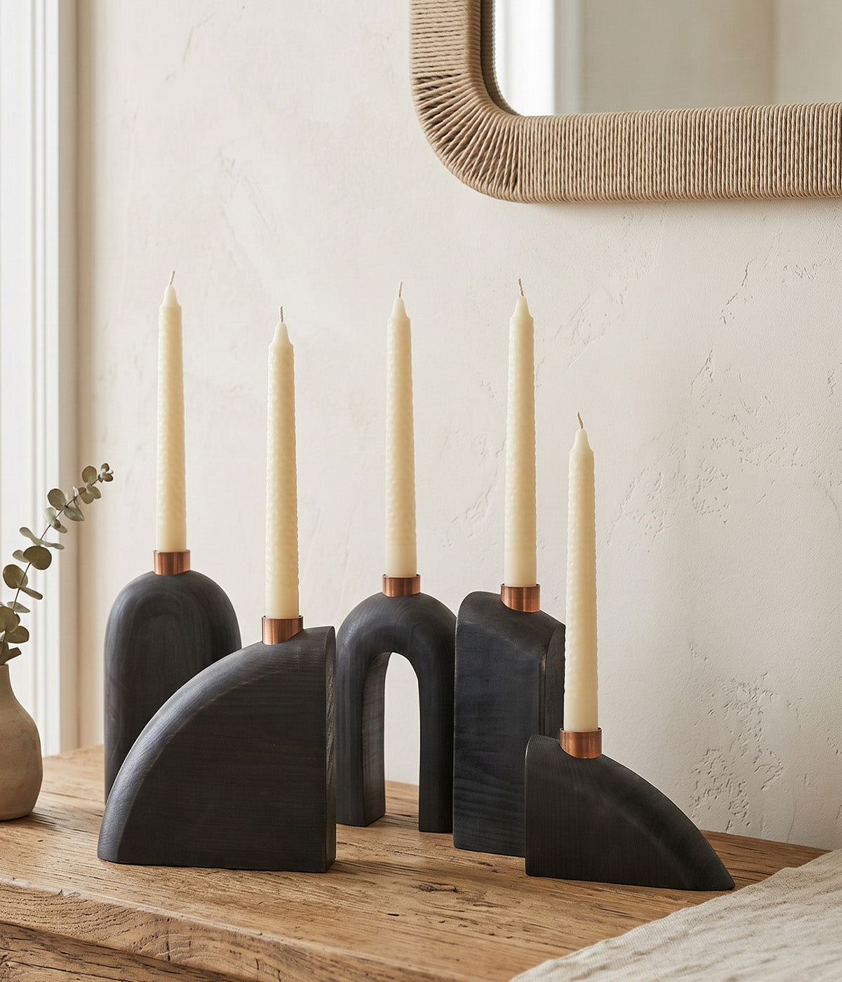 Sculptural Loop Wood Candle Holders, Charcoal, Set of 5