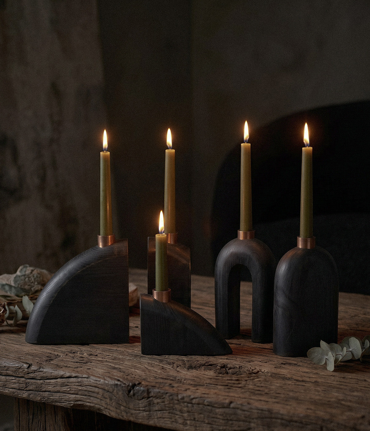 Sculptural Loop Wood Candle Holders, Charcoal, Set of 5