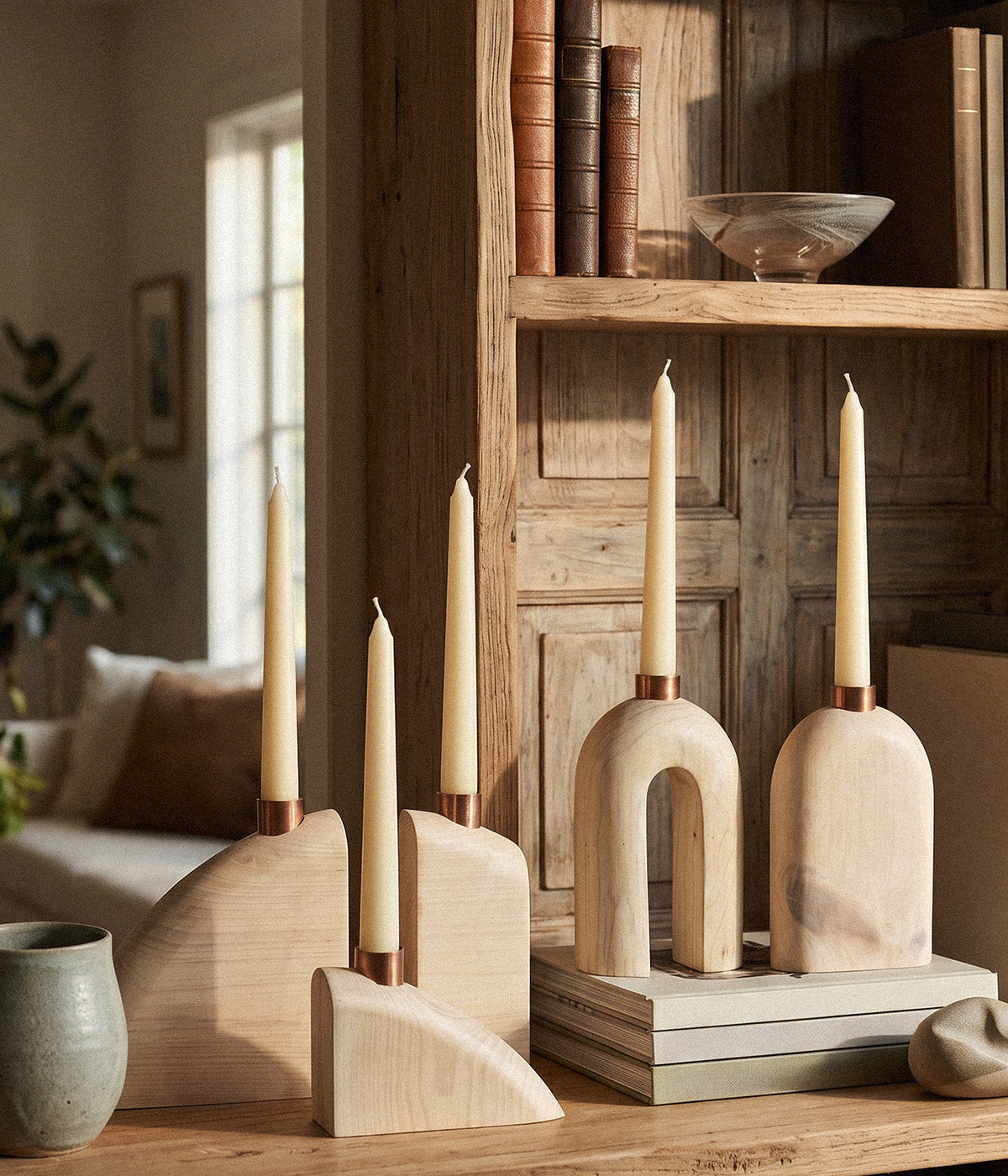 Sculptural Wood Candle Holders, Pale, Set of 5