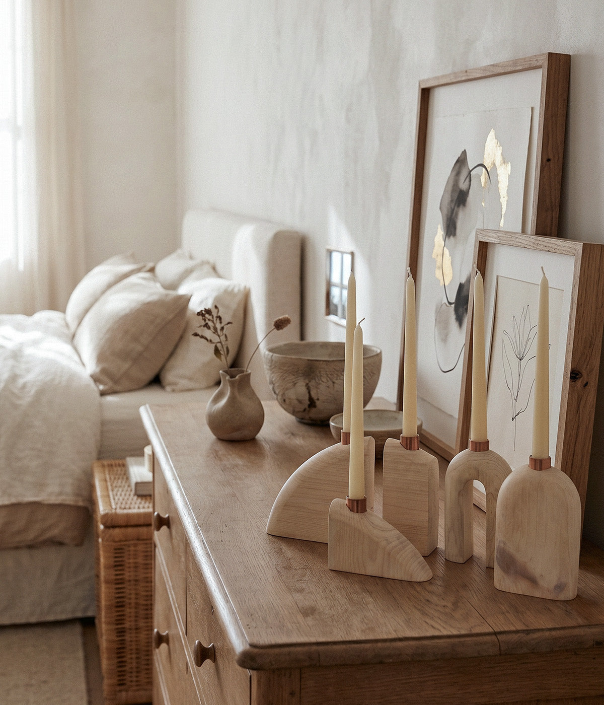 Sculptural Wood Candle Holders, Pale, Set of 5