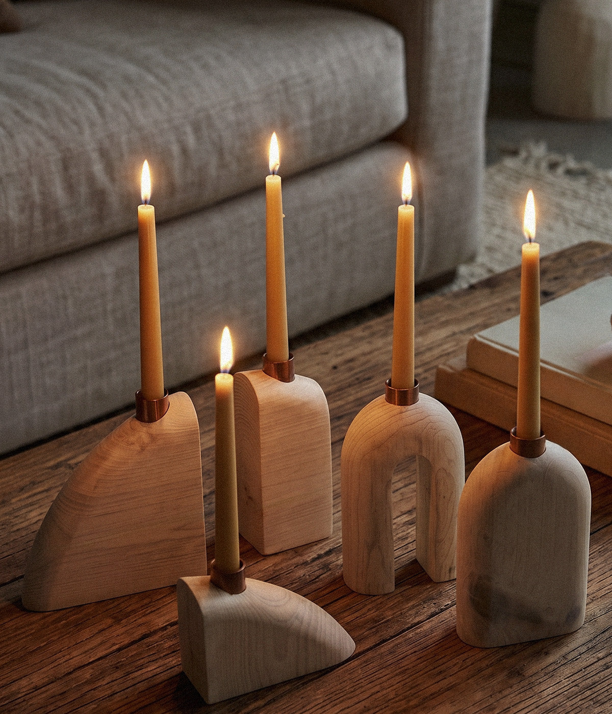 Sculptural Wood Candle Holders, Pale, Set of 5