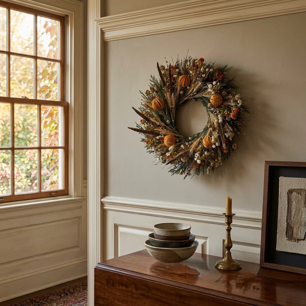 Dried fall wreath handcrafted with scored citrus and natural pheasant feathers