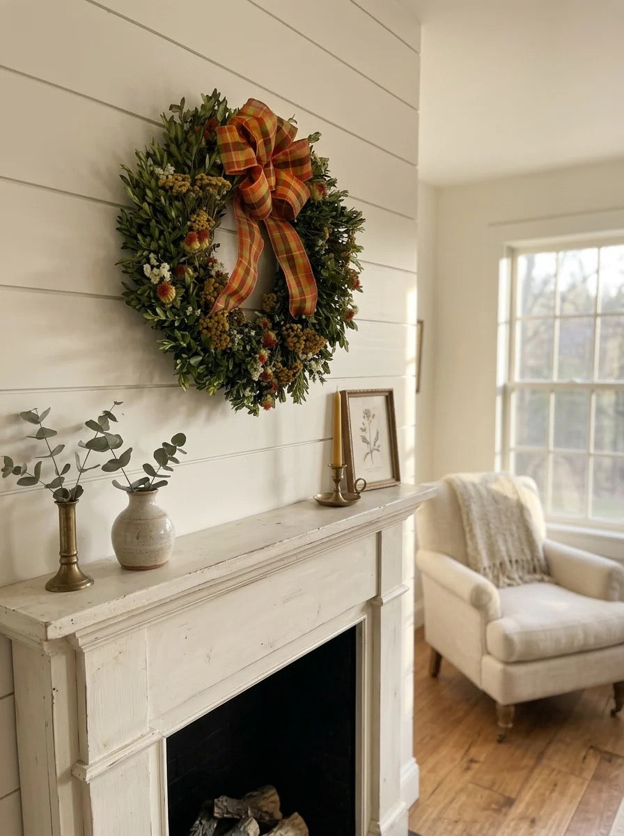 Autumn wreath handcrafted with dried boxwood and golden tansy