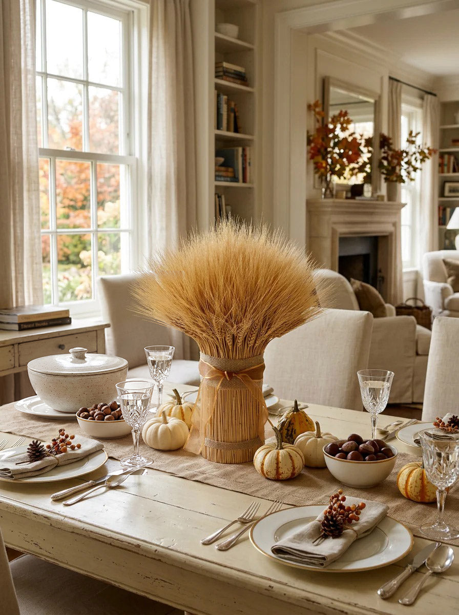 Autumn table decor with a hand-gathered golden wheat sheaf