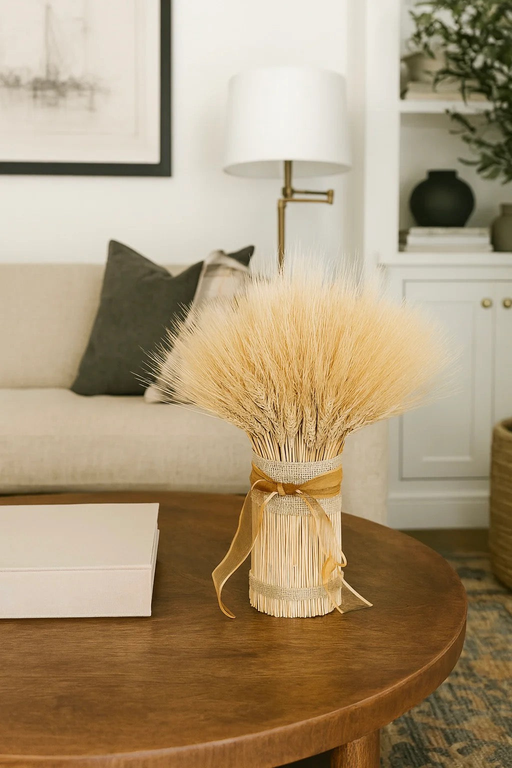 Wheat centerpiece grown, dried, and assembled by hand on a US farm