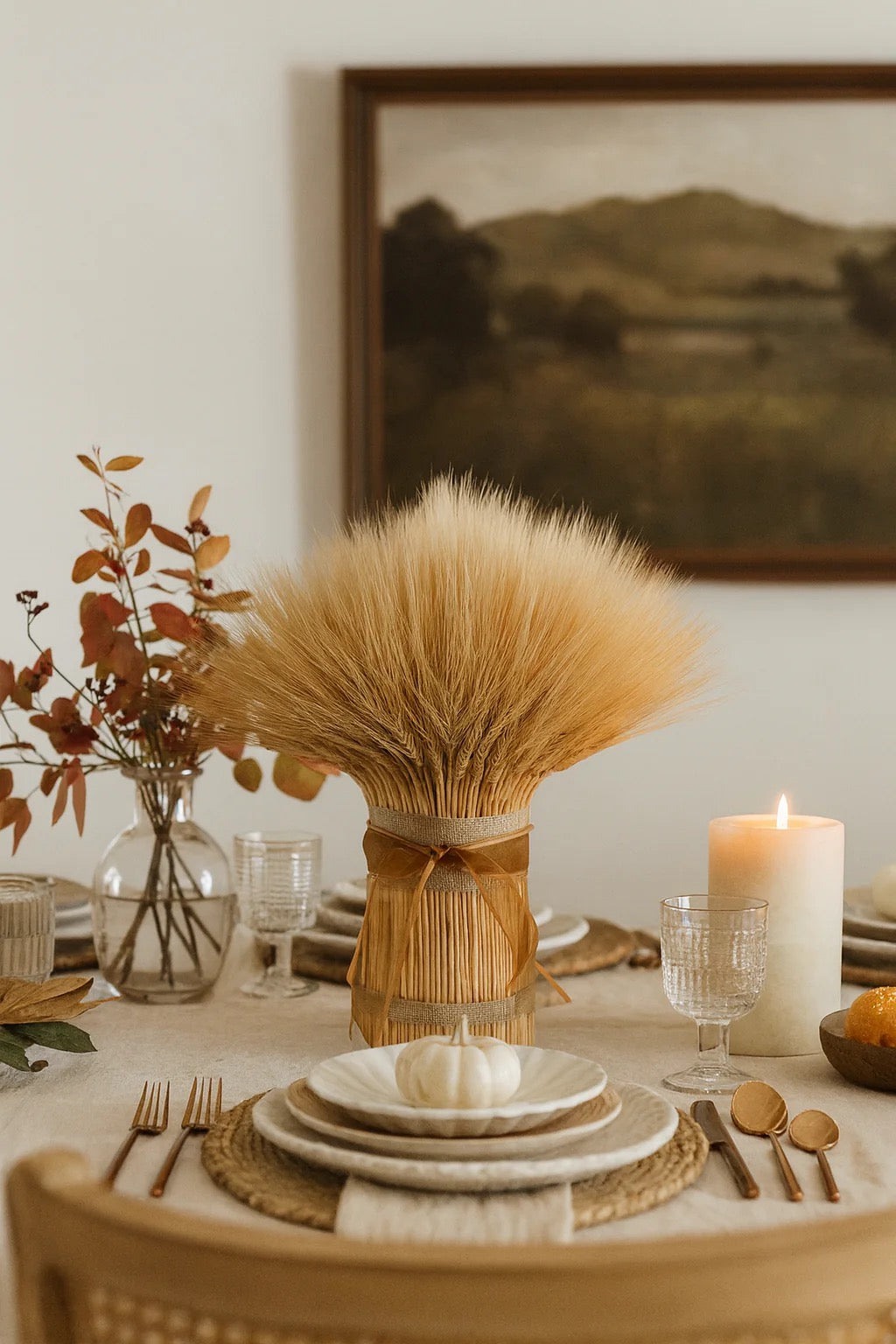 Wheat sheaves with burlap ribbon and a small satin bow
