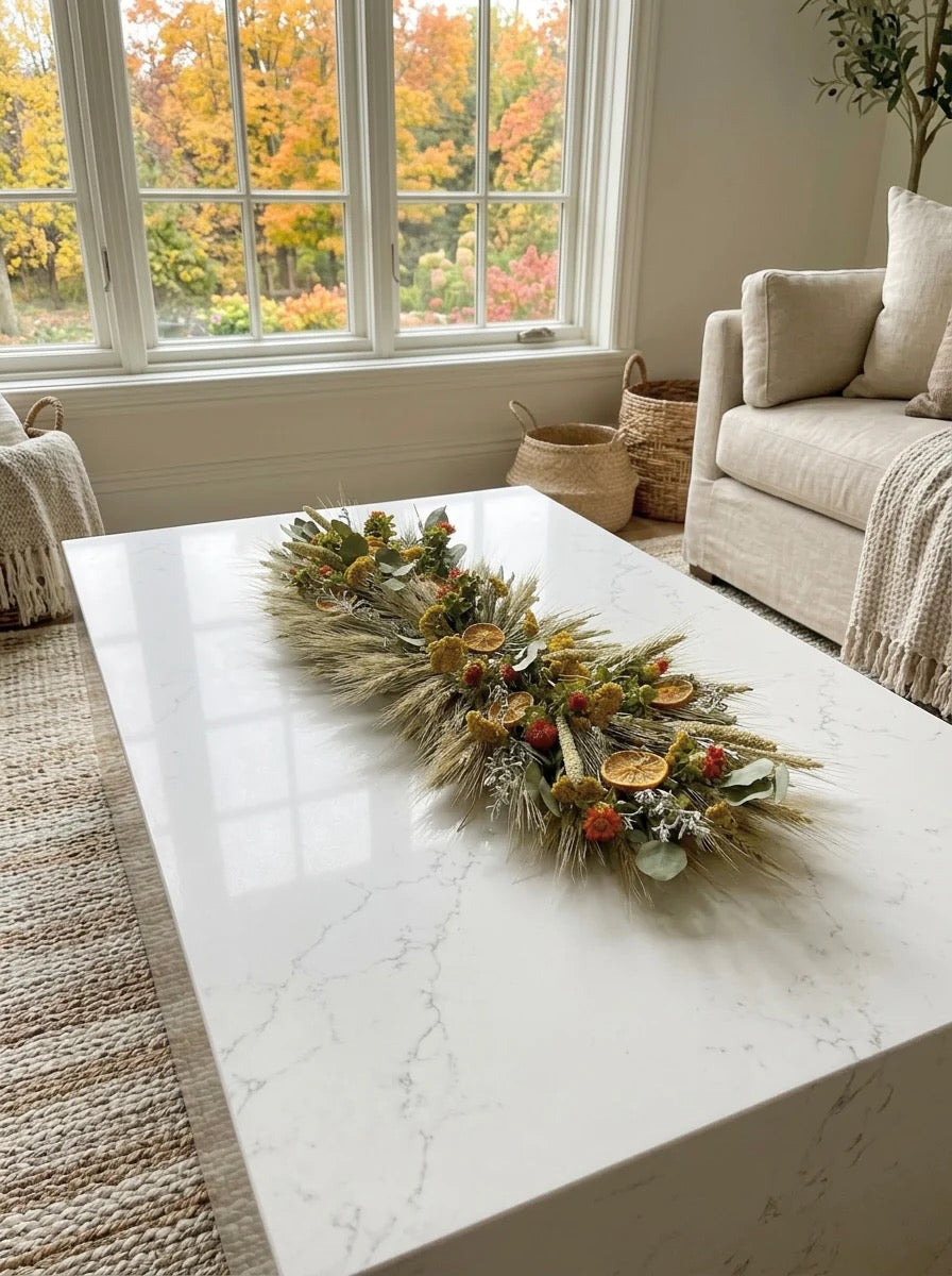 Harvest centerpiece handcrafted with dried citrus and green wheat