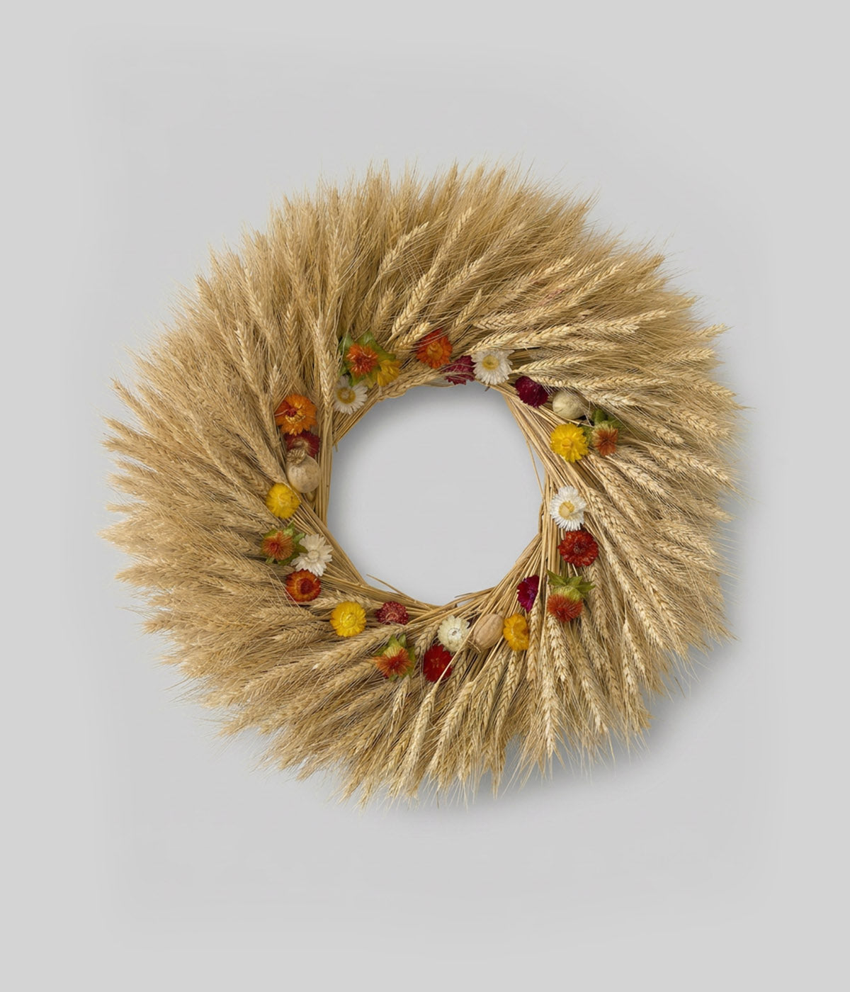 Harvest wreath with dried wheat wreath and safflower accents