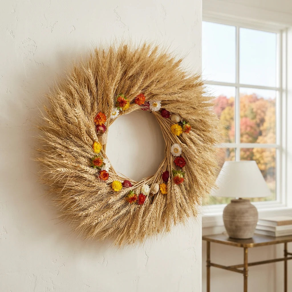 Farmhouse wreath handcrafted from a dried wheat wreath design