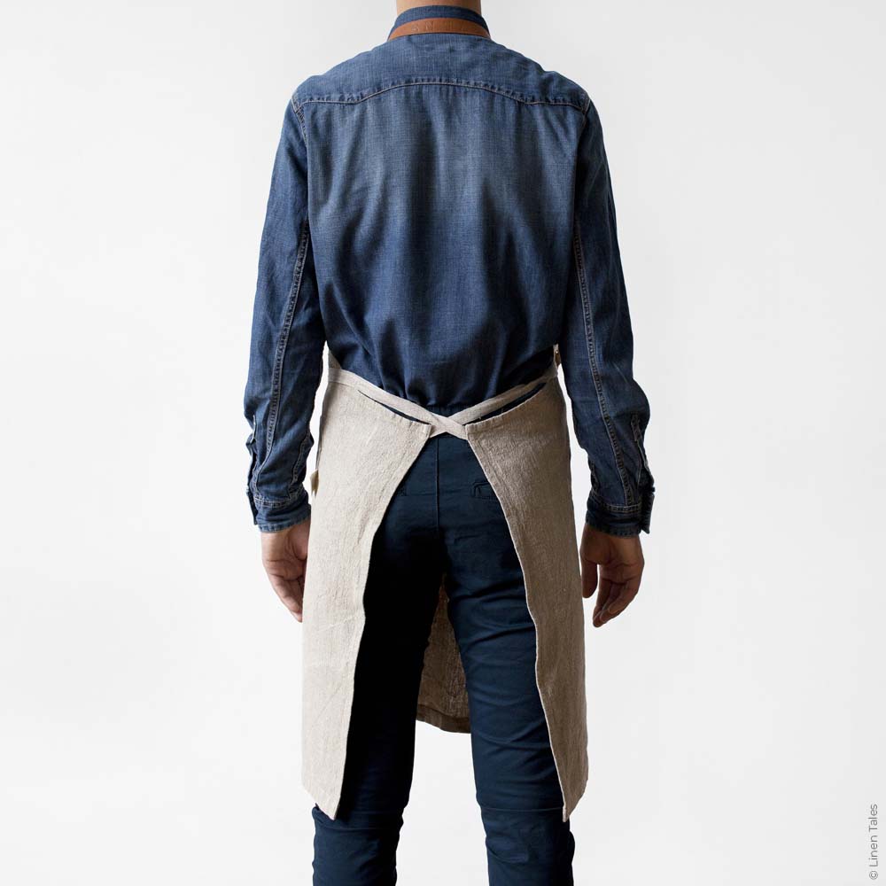 Natural stonewashed linen apron with leather strap and full coverage fit
