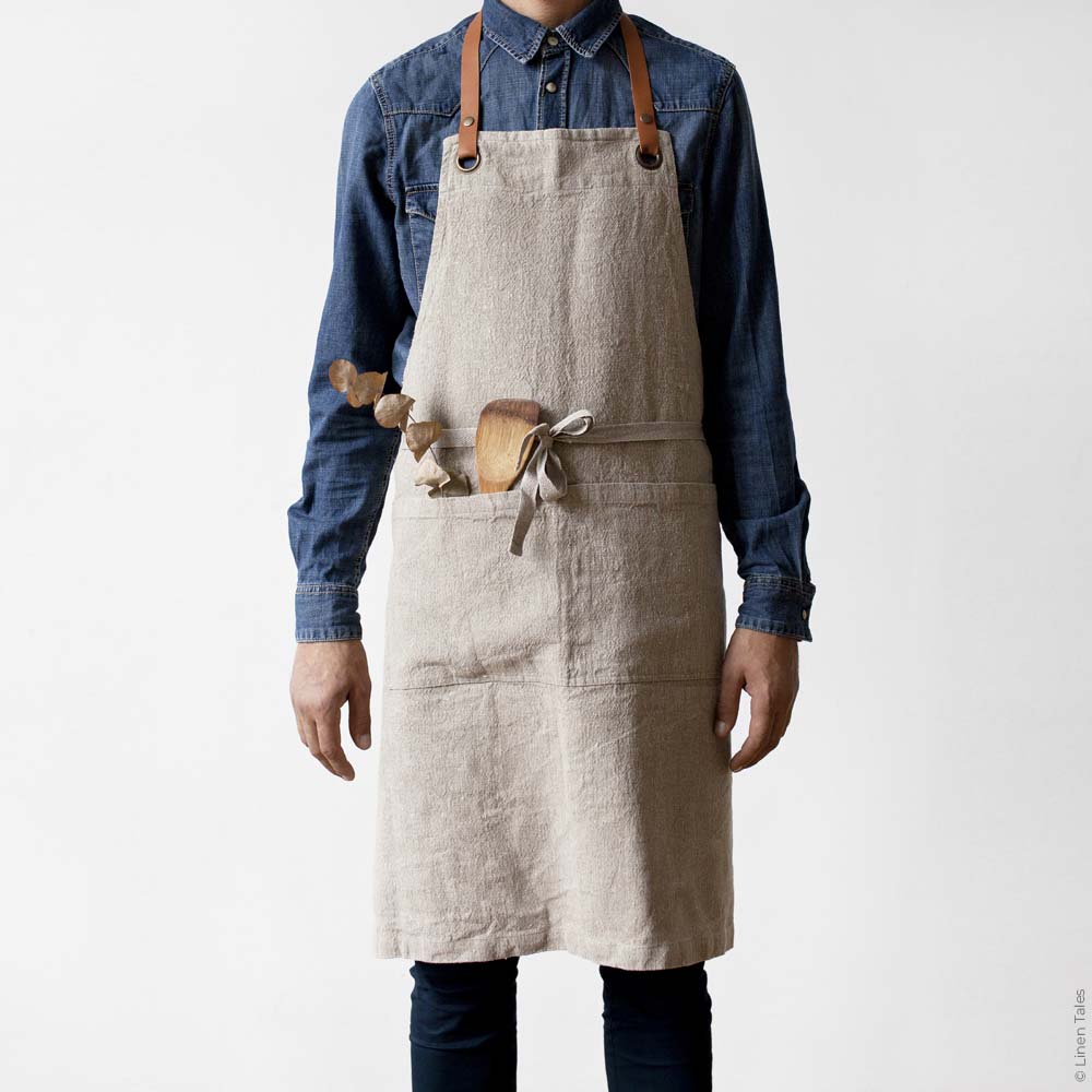 Stonewashed European linen apron with durable leather strap and soft texture