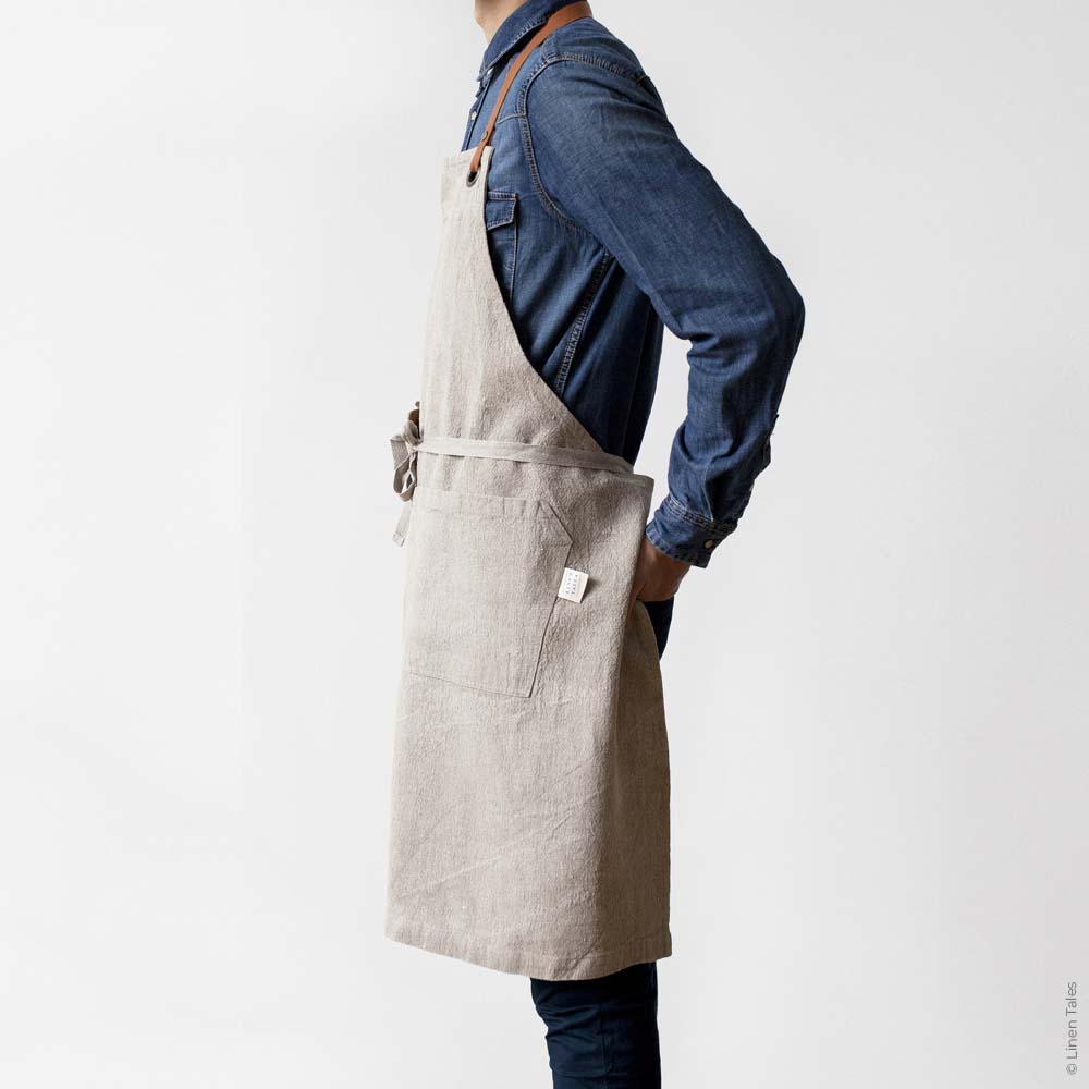 Heavy linen apron with adjustable fit and front pockets for kitchen or garden
